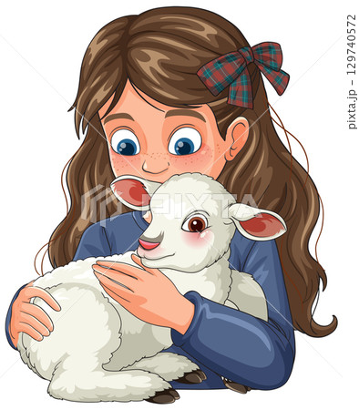 Young Girl Hugging White Lamb with Tartan Bow 129740572