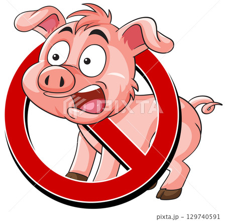 Cartoon Pig with Prohibition Symbol Vector Illustration 129740591