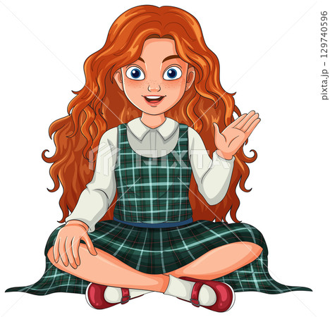 Red-Haired Girl in Plaid Dress Sitting Cross-Legged Red-Haired Girl in Plaid Dress Sitting Cross-Legged 129740596