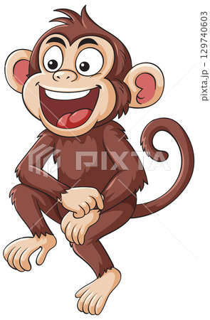 Smiling Cartoon Monkey Sitting with Curled Tail Smiling Cartoon Monkey Sitting with Curled Tail 129740603