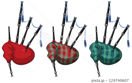 Three Traditional Scottish Bagpipes in Different Tartan Patterns Three Traditional Scottish Bagpipes in Different Tartan Patterns 129740607