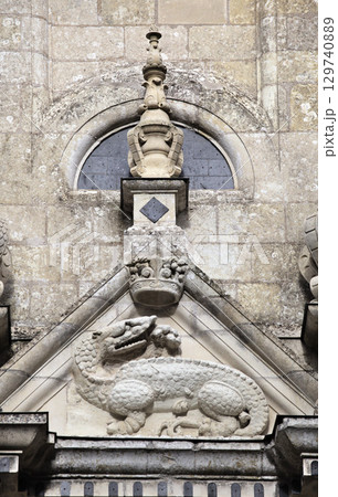 Detailed stone carving of a dragon at Chamborg castle, France 129740889