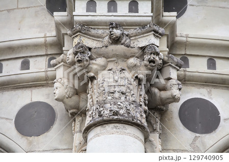 Intricate architectural detailing at Chambord Castle in France showcasing historic craftsmanship 129740905