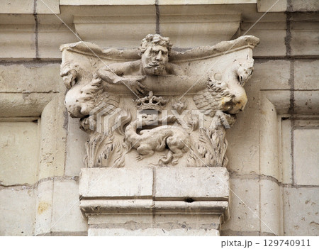 Intricate architectural detailing at Chambord Castle in France showcasing historic craftsmanship 129740911