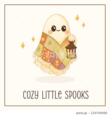 Cozy halloween ghost greeting card in cute boho style Cozy halloween ghost greeting card in cute boho style 129740980