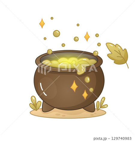 Boho halloween cauldron with magic potion and autumn leaves 129740983