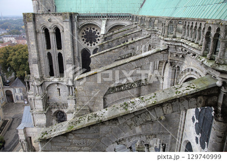 View of the intricate architectural details of Notre-Dame de Chartres Cathedral in France 129740999