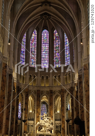 Stained glass windows and sculpture inside Notre-Dame de Chartres Cathedral in France 129741020