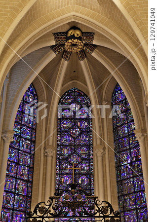 Stunning stained glass windows brighten the interior of Notre-Dame de Chartres Cathedral 129741049