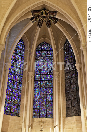 Stunning stained glass windows brighten the interior of Notre-Dame de Chartres Cathedral Stunning stained glass windows brighten the interior of Notre-Dame de Chartres Cathedral 129741050