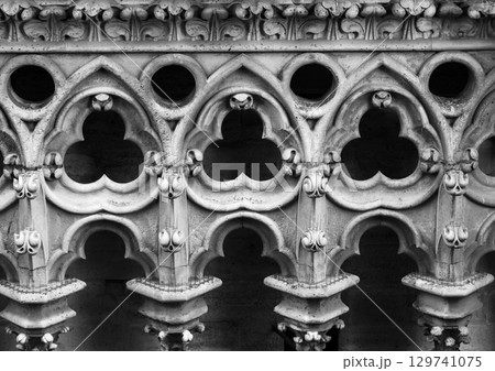 Detailed stone carvings of Notre-Dame de Paris exhibit intricate gothic architecture features 129741075