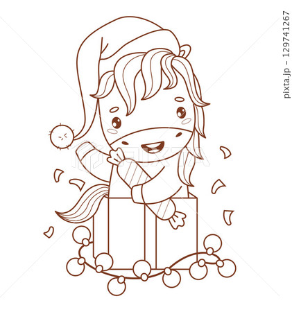 Outline Happy Christmas Horse in Santa hat with Candy and Garland in Gift Box. Holiday animal. Line drawing, coloring book. Symbol 2026 year to Eastern calendar. Vector illustration. Not AI 129741267