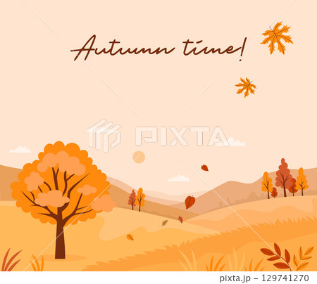 Autumn Time. Autumnal landscape with trees and falling leaves poster. Minimal flat fall square background. Vector illustration. Perfect for seasonal banners. Not AI. 129741270