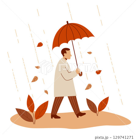 Autumn Man walking with umbrella under falling leaves. Autumnal male character in rain. Vector illustration. Not AI. 129741271