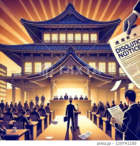 永田町の国会議事堂に群がる国会議員達のイラスト 129741280