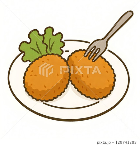 白いお皿に盛られたコロッケのかわいいアイコンイラスト 129741285