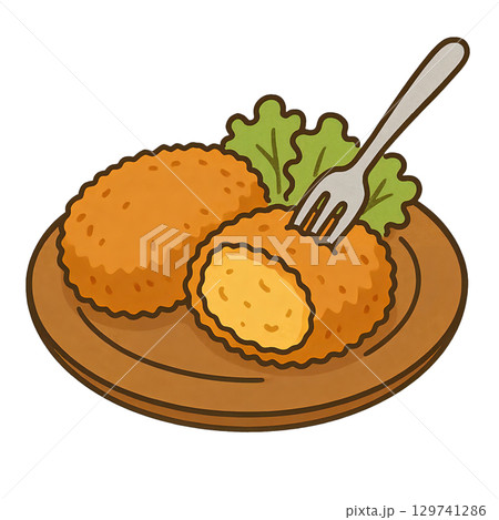 木製プレートにのったコロッケの手描きイラスト 129741286