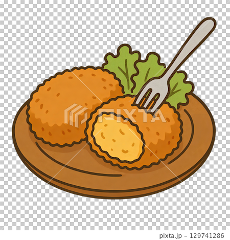 木製プレートにのったコロッケの手描きイラスト 129741286