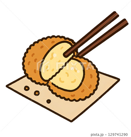 割ったコロッケを箸で持ち上げたシンプルイラスト 129741290