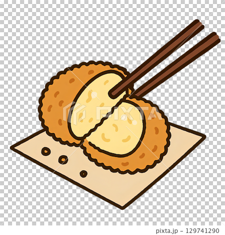 割ったコロッケを箸で持ち上げたシンプルイラスト 129741290
