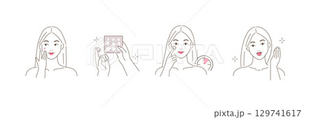 Skincare line icons set. Woman with problem skin applying pimple patch on her face. Acne treatment 129741617