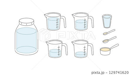 Cooking weights and measures icons set. Typical measuring system for liquid culinary ingredients. Measurements for different recipes 129741620
