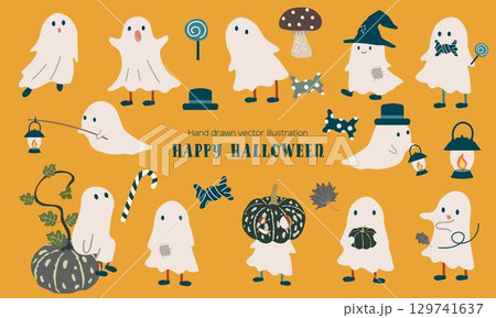 かわいいハロウィンのお化けたちのイラスト素材セット かわいいハロウィンのお化けたちのイラスト素材セット 129741637