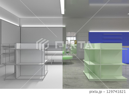 shopping mall, interior visualization, 3D illustration shopping mall, interior visualization, 3D illustration 129741821