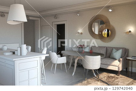 residential interior visualization, 3D illustration, cg residential interior visualization, 3D illustration, cg 129742040