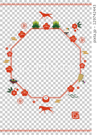 透明相框模板，可用於馬年新年賀卡。其設計適合明信片尺寸。 129742443