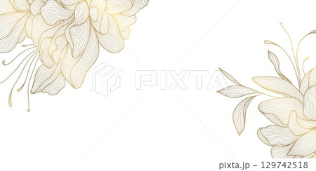Vector gold line floral background, elegant art flower pattern. Luxury leaves, plant nature graphic, royal jungle illustration 129742518