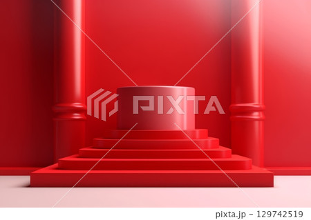 3d room with stairs, red wall background. Minimal geometric realistic pedestal with staircase for product. Perspective view layout with platform. Stairs with cylinder and two columns. Generated AI 3d room with stairs, red wall background. Minimal geometric realistic pedestal with staircase for product. Perspective view layout with platform. Stairs with cylinder and two columns. Generated AI 129742519