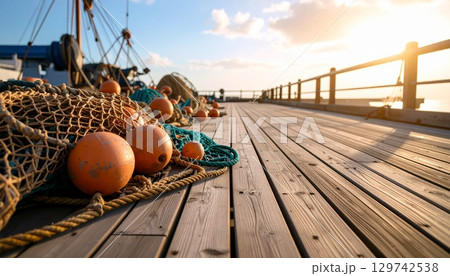 漁港デッキに置かれた漁網と浮き 漁港デッキに置かれた漁網と浮き 129742538