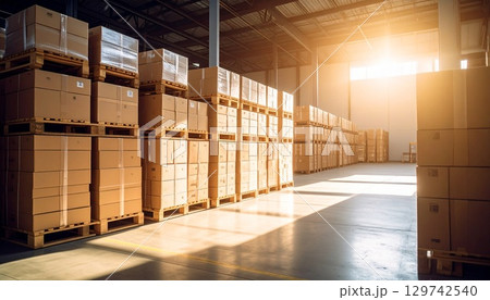 倉庫棚に並ぶダンボールパレットと物流保管スペース 倉庫棚に並ぶダンボールパレットと物流保管スペース 129742540