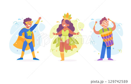 Dynamic Characters A Superhero, a Princess, and a Drummer in Colorful and Vibrant Roles 129742589