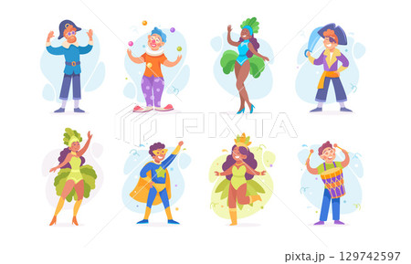Vibrant and Colorful Characters Performing in Festive and Decorative Outfits at Events Vibrant and Colorful Characters Performing in Festive and Decorative Outfits at Events 129742597