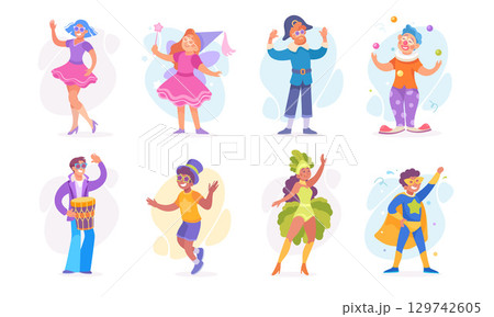 Vibrant characters in festive costumes spread joy through dance and celebration 129742605