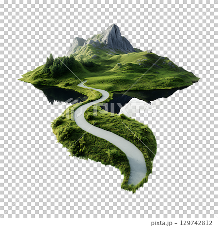 Serene Island Landscape Winding Road Mountain and Lake Reflection On Transparent Background 129742812