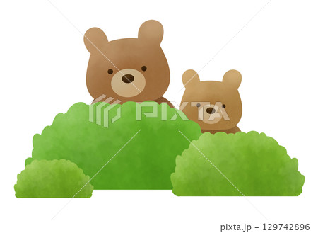 茂みから様子を伺うクマの親子のイラスト 129742896