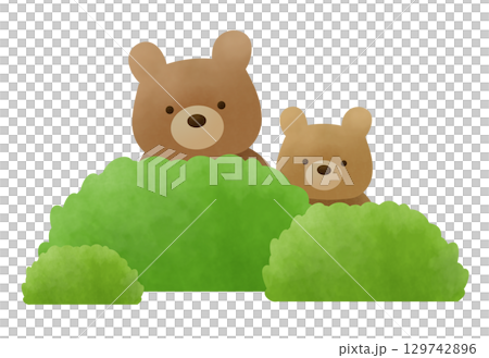 茂みから様子を伺うクマの親子のイラスト 129742896