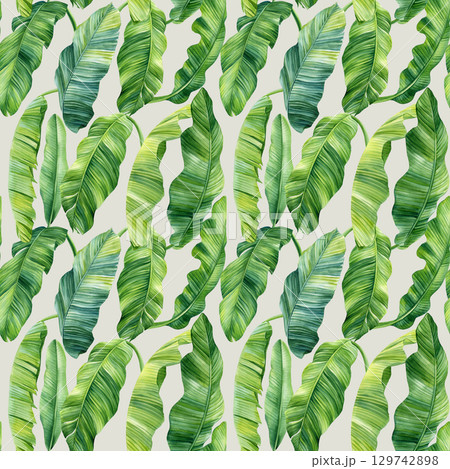 Tropical banana leaves green foliage watercolor seamless botanical summer exotic pattern for fabric and wallpaper, print, design 129742898