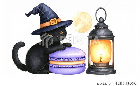 魔女の帽子をかぶった黒猫が紫色のマカロンに寄り添う可愛らしいハロウィンイラスト 129743050