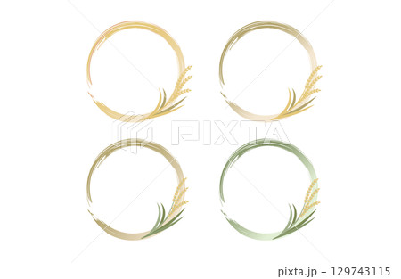 筆タッチのサークルフレームと稲穂｜秋の和風フレームセット 129743115