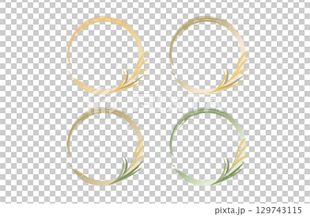 筆タッチのサークルフレームと稲穂｜秋の和風フレームセット 129743115