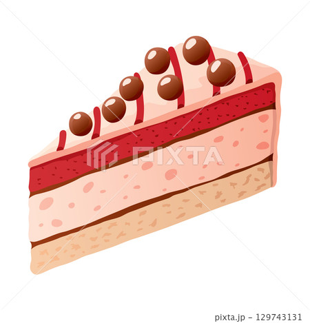 Cake slice. Colorful sweet cake piece, isolated on white. Cafe dessert menu, isometric hand drawn icon. Cute cartoon vector illustration Cake slice. Colorful sweet cake piece, isolated on white. Cafe dessert menu, isometric hand drawn icon. Cute cartoon vector illustration 129743131
