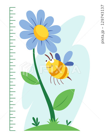 Height measure with growth ruler chart with cute cartoon flower and bee. Funny kids meter, wall scale to measure growth. Children room wall sticker as interior decor 129743137