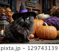 魔女の帽子をかぶった黒猫とカボチャ 129743139