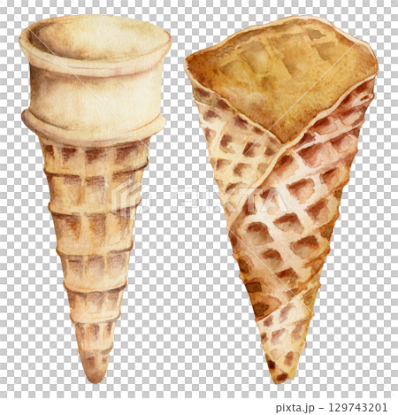 Empty crisp waffle cone for ice cream swirl, gelato, soft serve. Wafer texture, baked pastry. Isolated illustration hand drawn in watercolor. Sweet cafe flyer, frozen snack decor, digital stationery. 129743201