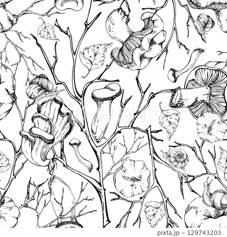 Russula webcap hiratake oyster mushroom, fallen autumn leaves snails. Fungi nature seamless pattern hand drawn in vector ink. Brambles, twisting branches twigs. Linens tablecloth gift wrapping paper 129743203