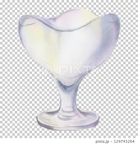 Transparent glass vase, sundae dessert bowl, tableware crystal footed dish, wine cup. Isolated illustration hand drawn in watercolor. Ice cream branding, frozen dessert menu, cafe stationery design. Transparent glass vase, sundae dessert bowl, tableware crystal footed dish, wine cup. Isolated illustration hand drawn in watercolor. Ice cream branding, frozen dessert menu, cafe stationery design. 129743204